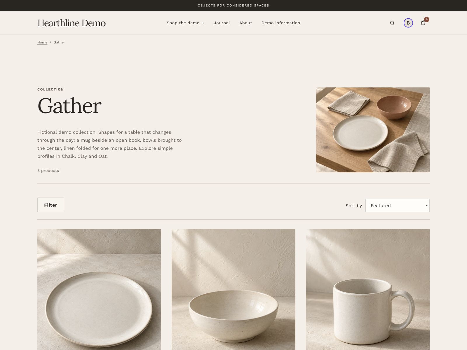 Gather demo collection with introduction, product grid, filtering and sorting