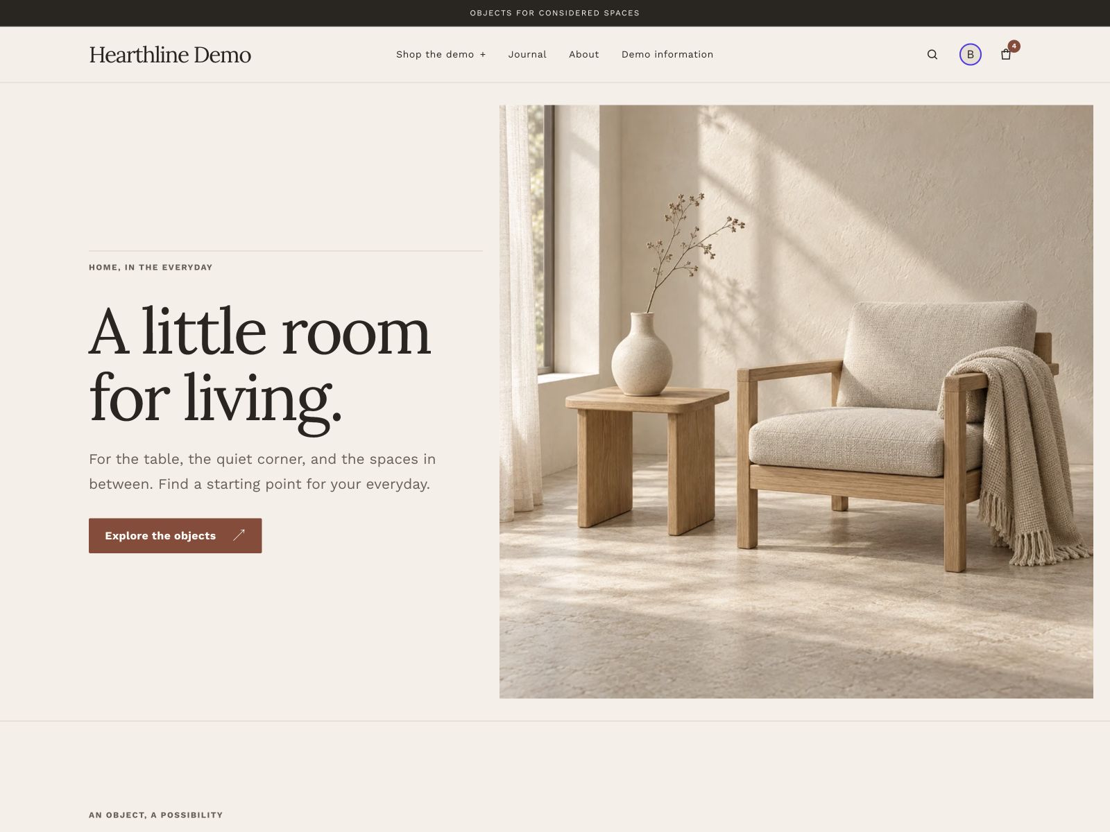 Actual Hearthline desktop demo with editorial storytelling and generous product imagery