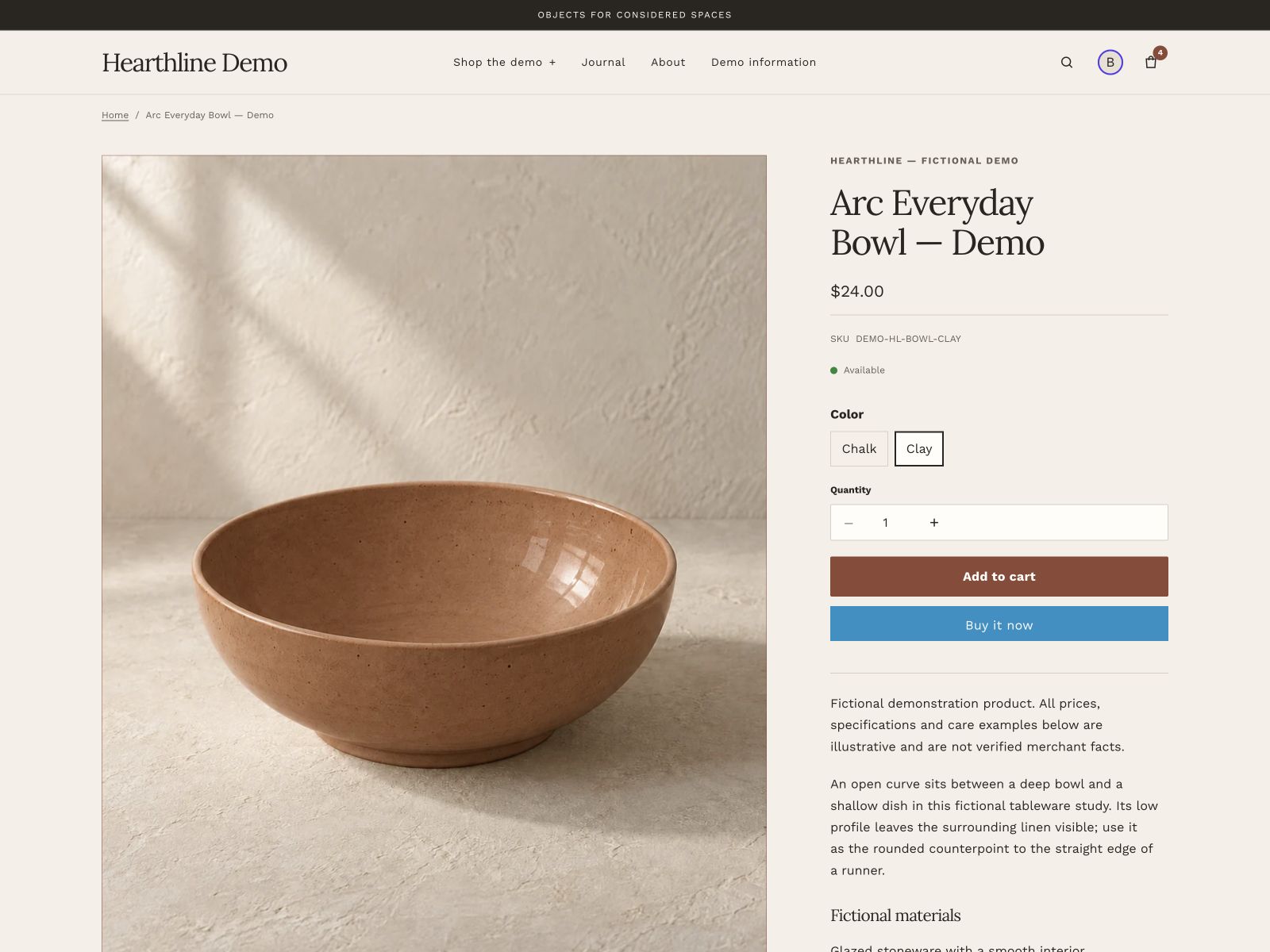 Hearthline fictional bowl product, with a large clay bowl image and finish selection