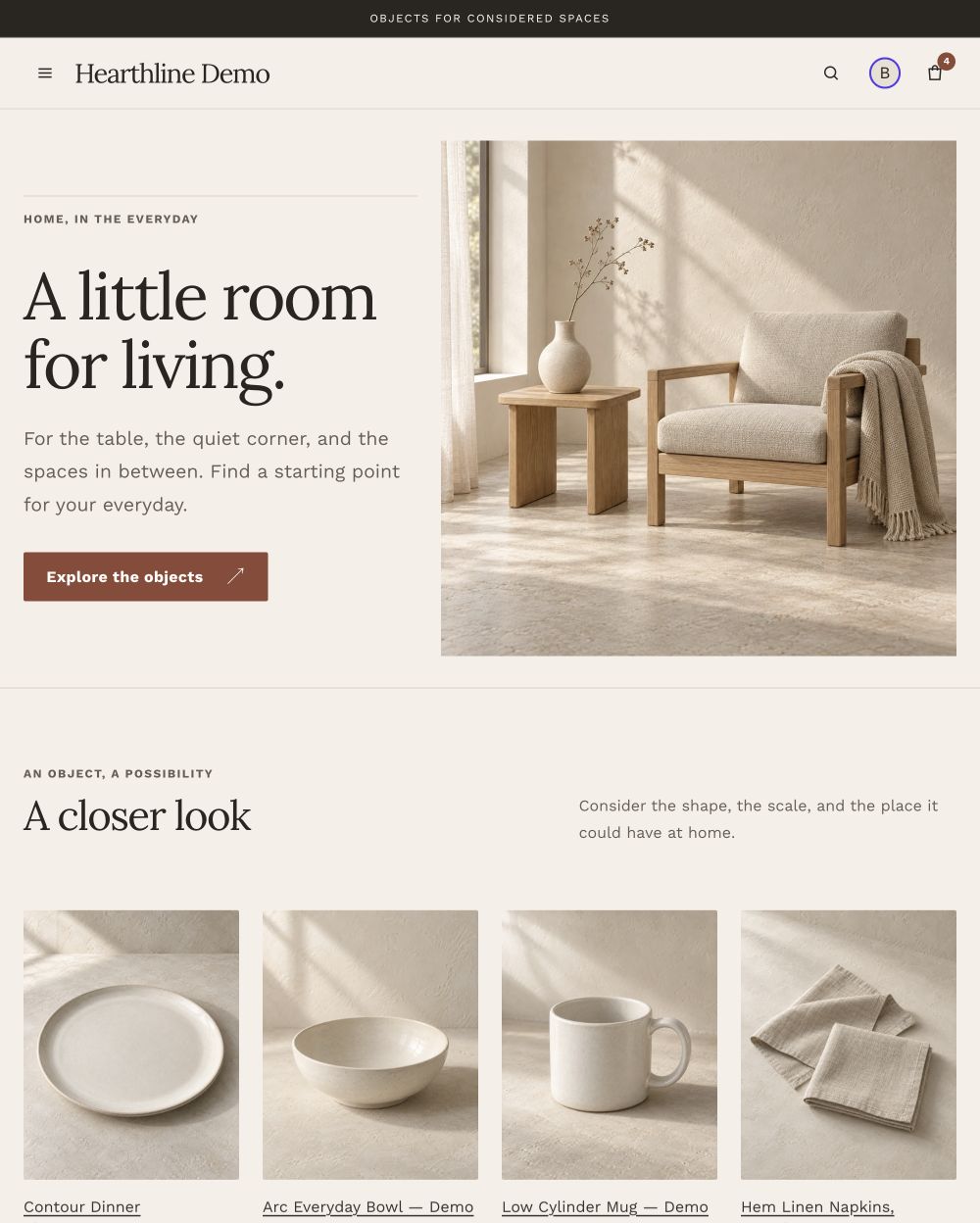 Hearthline demo homepage with large editorial type, a sunlit reading corner and tableware