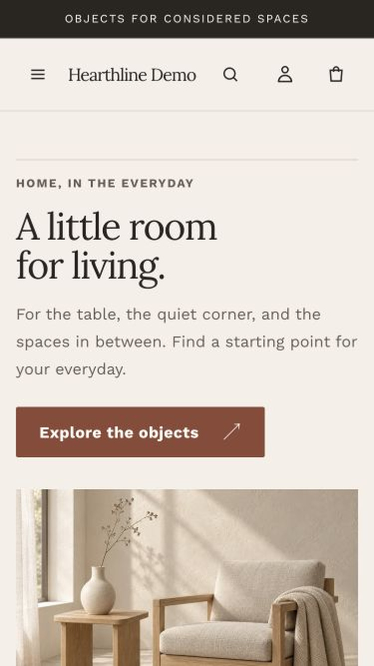 The same Hearthline homepage arranged for a mobile screen